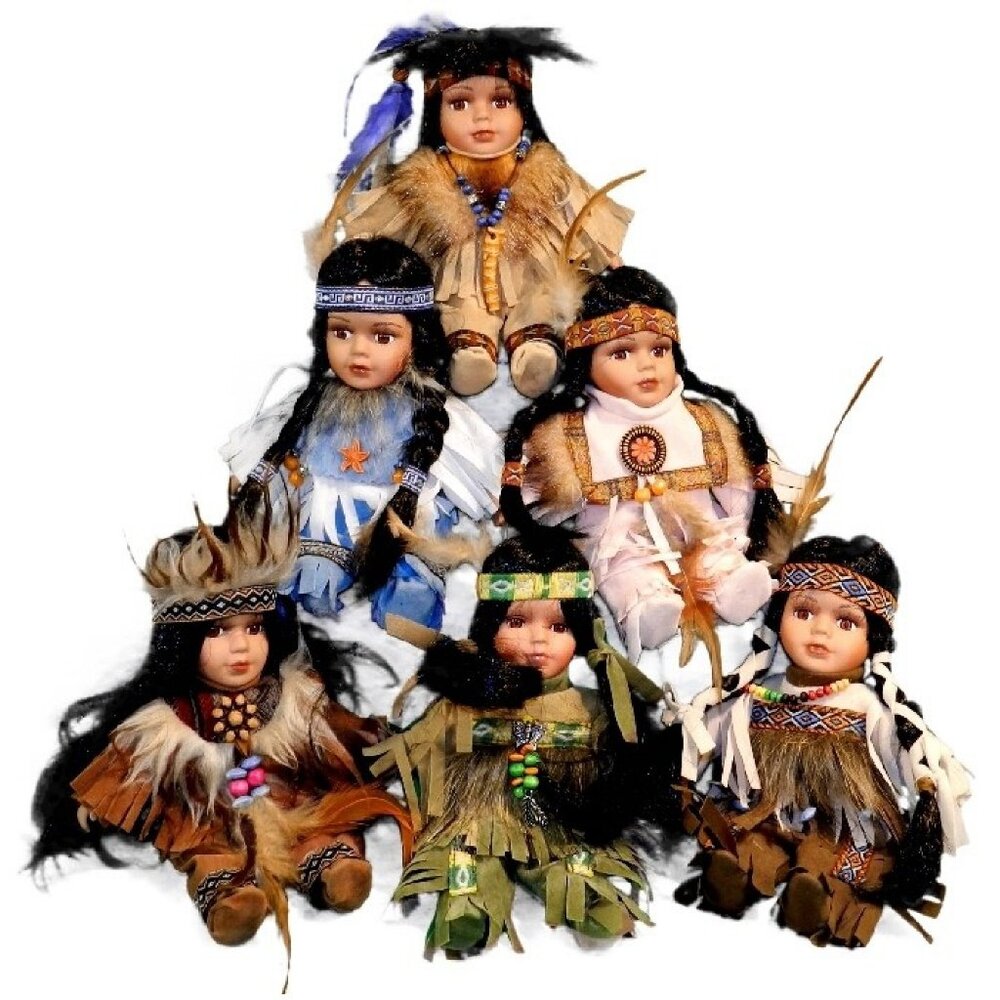 sET oF 6 Native Indian Dolls Approx 8 inch tall Hand Made NEW